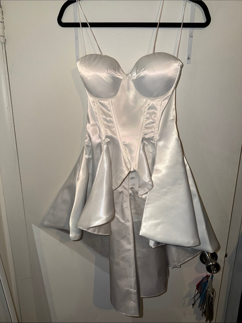 AKIRA Ivory Satin High-Low Strapless Corset Shirt